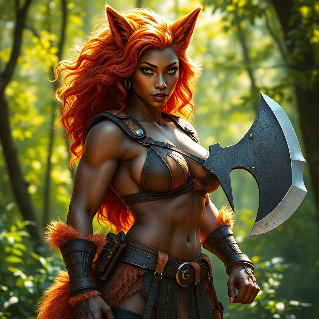 A muscular African American wolf woman standing confidently in a lush green forest, showcasing her burn orange wavy hair and matching burnt orange fur