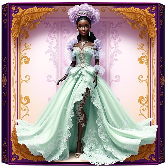 A beautiful illustration of a Black Barbie doll showcasing her full body elegantly posed inside her collector's box