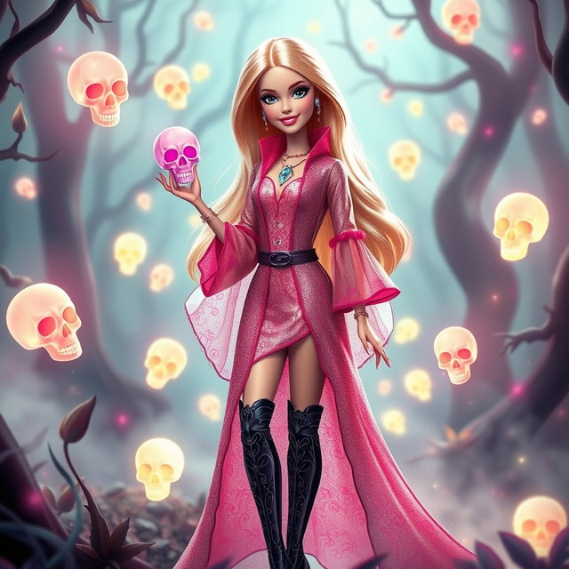 A Barbie-styled necromancer, featuring a glamorous and colorful outfit with a modern twist on a classic fantasy character