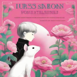 A fascinating book cover art depicting a boy and a white mouse sharing a gaze on a bright pink flower, set against a clean white labyrinth background. The inscription 'Flowers for Algernon' is prominently featured at the top