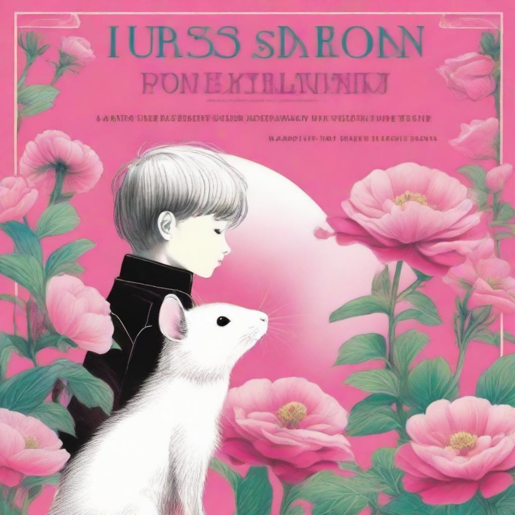 A fascinating book cover art depicting a boy and a white mouse sharing a gaze on a bright pink flower, set against a clean white labyrinth background. The inscription 'Flowers for Algernon' is prominently featured at the top