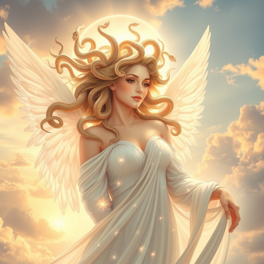 A stunningly beautiful Medusa depicted as an angel, with delicate, flowing wings made of ethereal light
