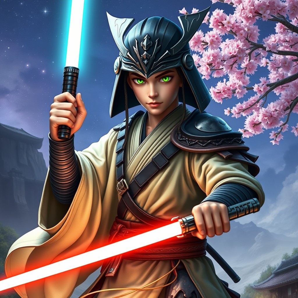 A striking fantasy character combining the elements of both a Jedi and a Samurai