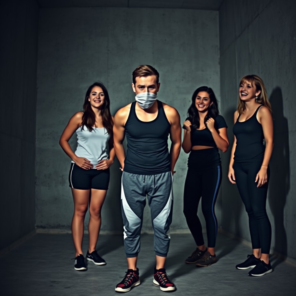 In a dimly lit, empty room with concrete walls, the scene focuses on an individual standing with their hands and feet bound, a cloth gag stuffed in their mouth