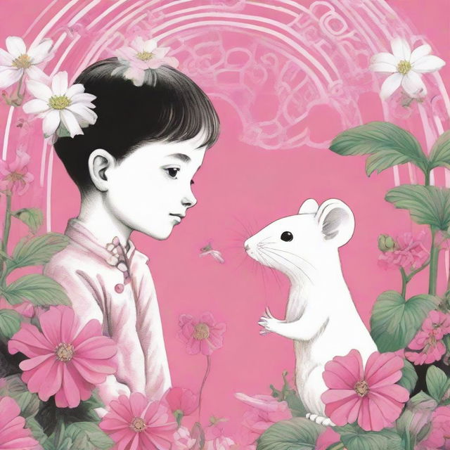 A fascinating book cover art depicting a boy and a white mouse sharing a gaze on a bright pink flower, set against a clean white labyrinth background. The inscription 'Flowers for Algernon' is prominently featured at the top