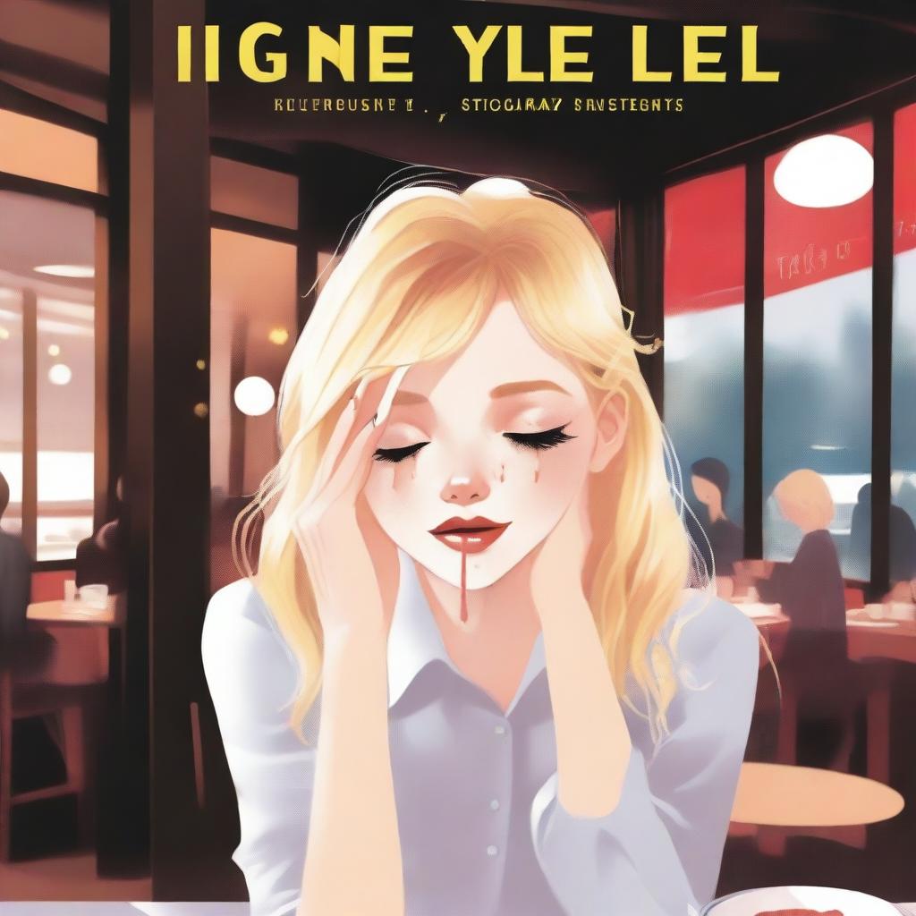 A high-quality digital art image portrays a blonde girl, tears streaming down her face, in a restaurant setting