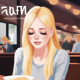 A high-quality digital art image portrays a blonde girl, tears streaming down her face, in a restaurant setting