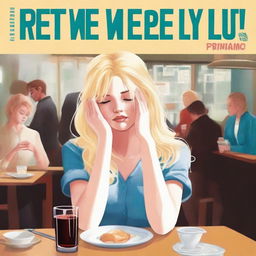 A high-quality digital art image portrays a blonde girl, tears streaming down her face, in a restaurant setting