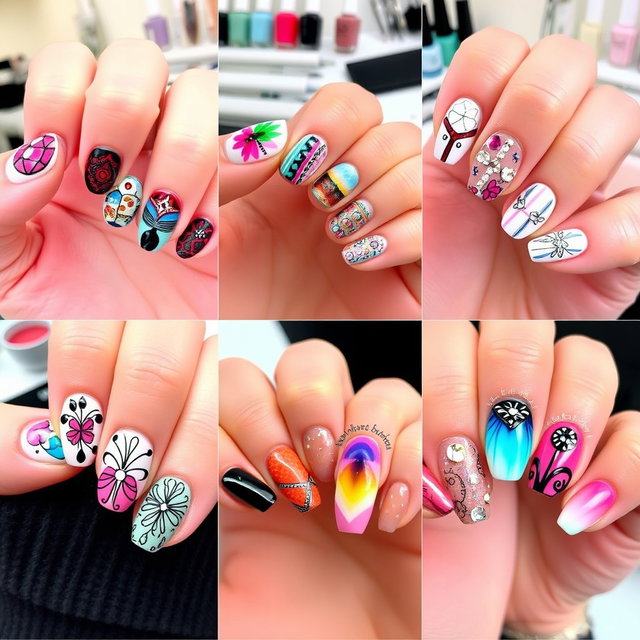 A collection of unique nail art designs showcasing various intricate patterns and colors on manicured nails