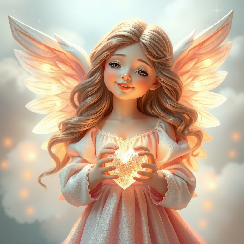 A captivating love angel with ethereal wings, adorned in a flowing gown made of delicate silk, shimmering softly in pastel colors
