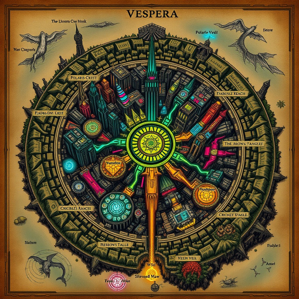 Hand-drawn fantasy world map of a vast cyberpunk city called Vespera, built in concentric layers atop a cursed ancient forest, surrounded by distant mountains and seas