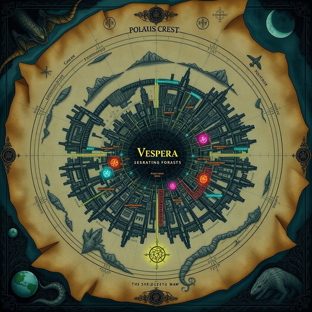 Hand-drawn fantasy world map of a vast cyberpunk city called Vespera, built in concentric layers atop a cursed ancient forest, surrounded by distant mountains and seas