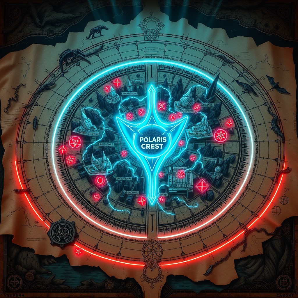 A hand-drawn fantasy world map of the cyberpunk city Vespera, constructed in glowing concentric rings atop a cursed ancient forest, viewed from above