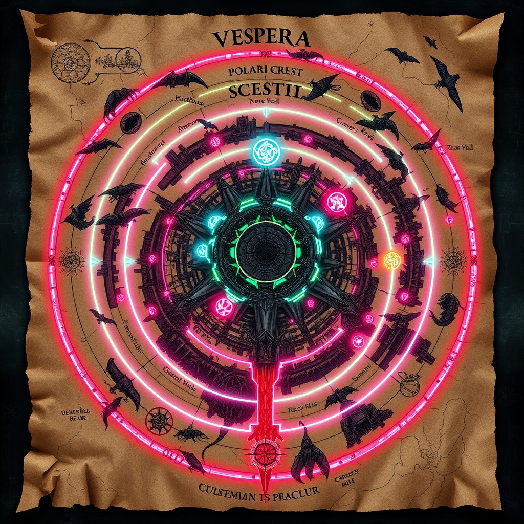 A hand-drawn fantasy world map of the cyberpunk city Vespera, constructed in glowing concentric rings atop a cursed ancient forest, viewed from above