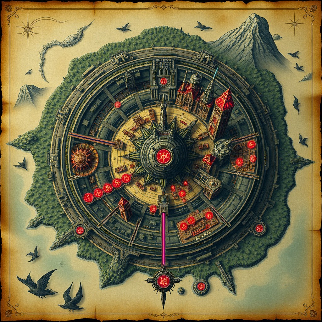 Hand-drawn fantasy world map of a vast cyberpunk city named Vespera, intricately designed in concentric layers atop a cursed ancient forest, and surrounded by distant mountains and seas