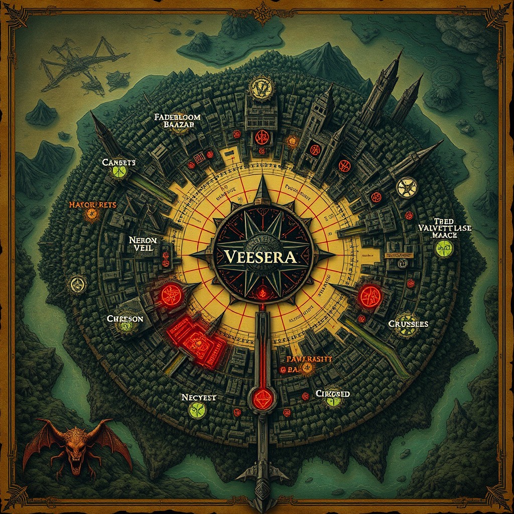 Hand-drawn fantasy world map of a vast cyberpunk city named Vespera, designed in concentric layers atop a cursed ancient forest, surrounded by distant mountains and seas