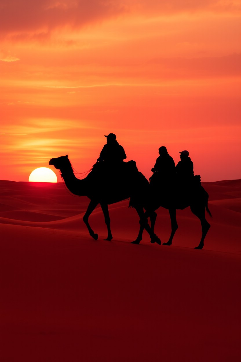 A stunning silhouette of a camel caravan trekking across vast golden-red dunes during a breathtaking sunset