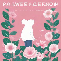 An engaging book cover, where a boy and a white mouse intimately connect on a stunning pink flower, all contrasted by a maze-like white background. The English title 'Flowers for Algernon' is emblazoned at the top.