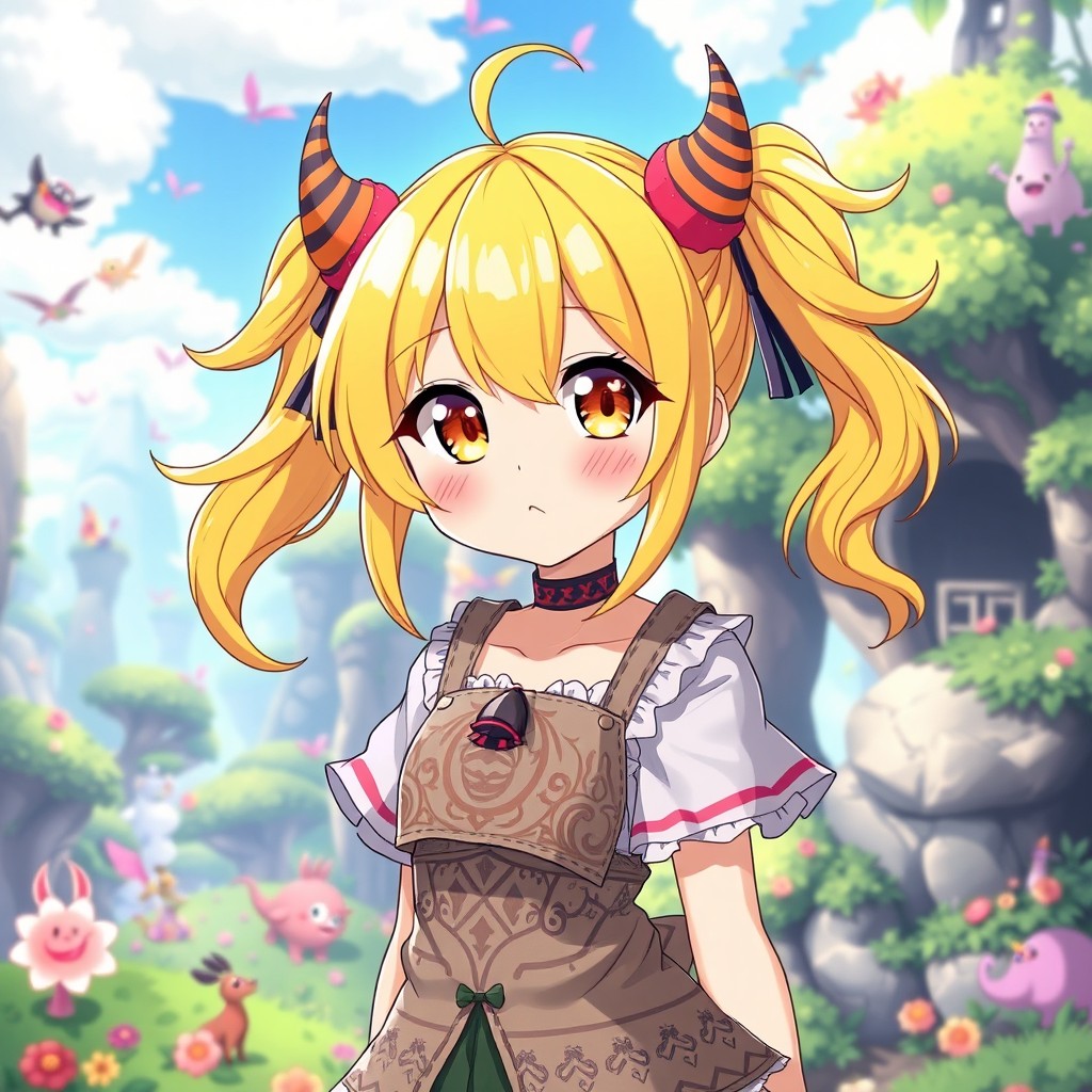 An anime girl with bright yellow hair styled in playful twin tails adorned with two small, cute horns