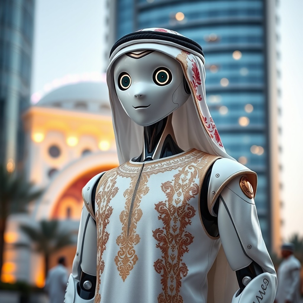A futuristic robot elegantly dressed in traditional Emirati clothing, showcasing intricate embroidery and patterns