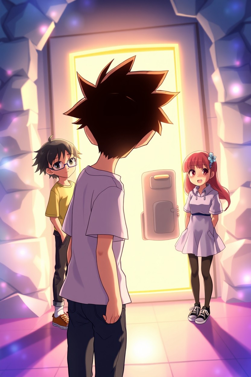 An anime scene featuring a teenage boy with spiky hair, facing a bright, glowing door that emanates warm light
