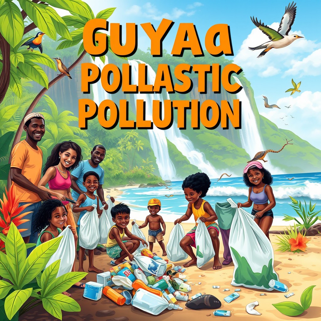 A vivid illustration depicting the theme of ending plastic pollution in Guyana