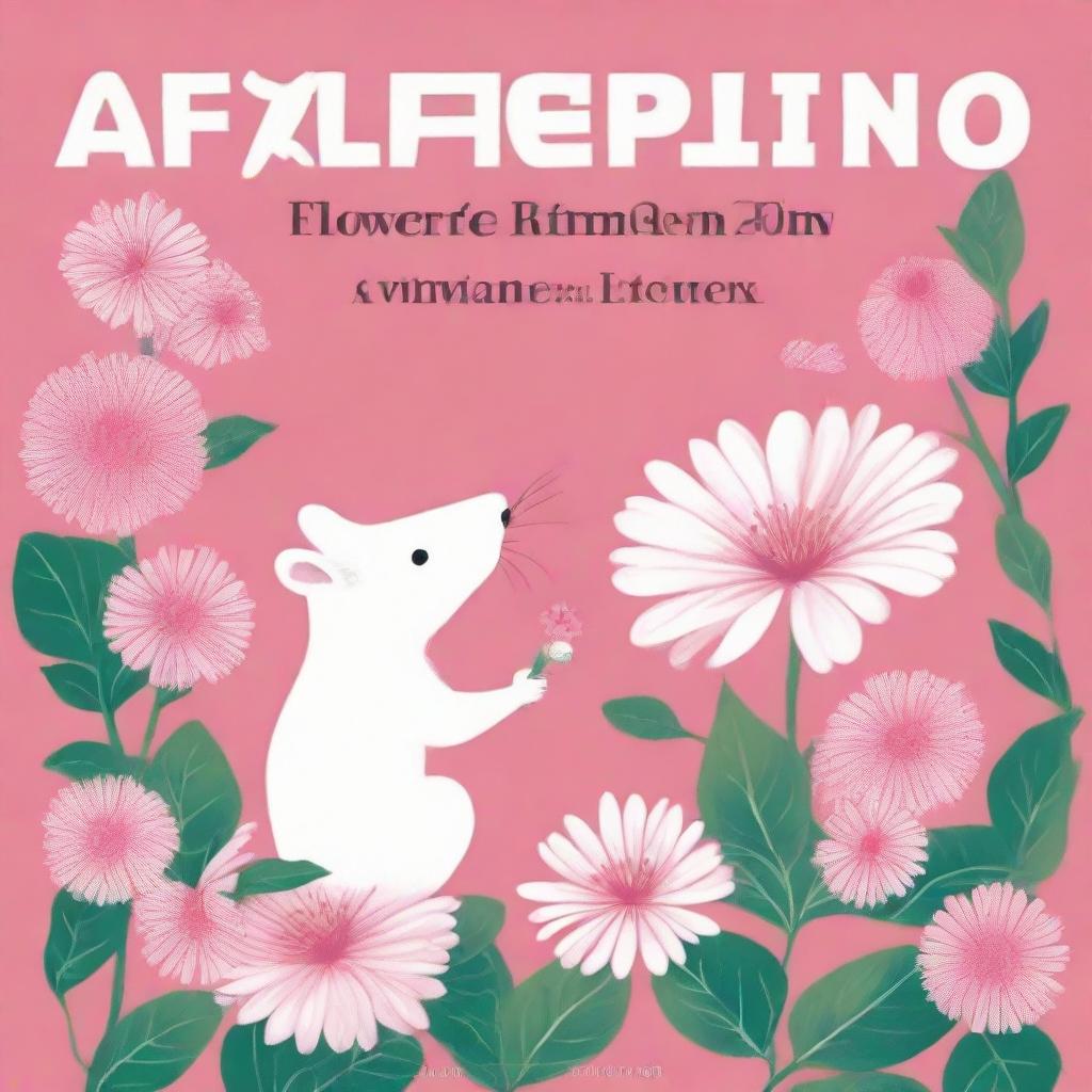 An engaging book cover, where a boy and a white mouse intimately connect on a stunning pink flower, all contrasted by a maze-like white background. The English title 'Flowers for Algernon' is emblazoned at the top.