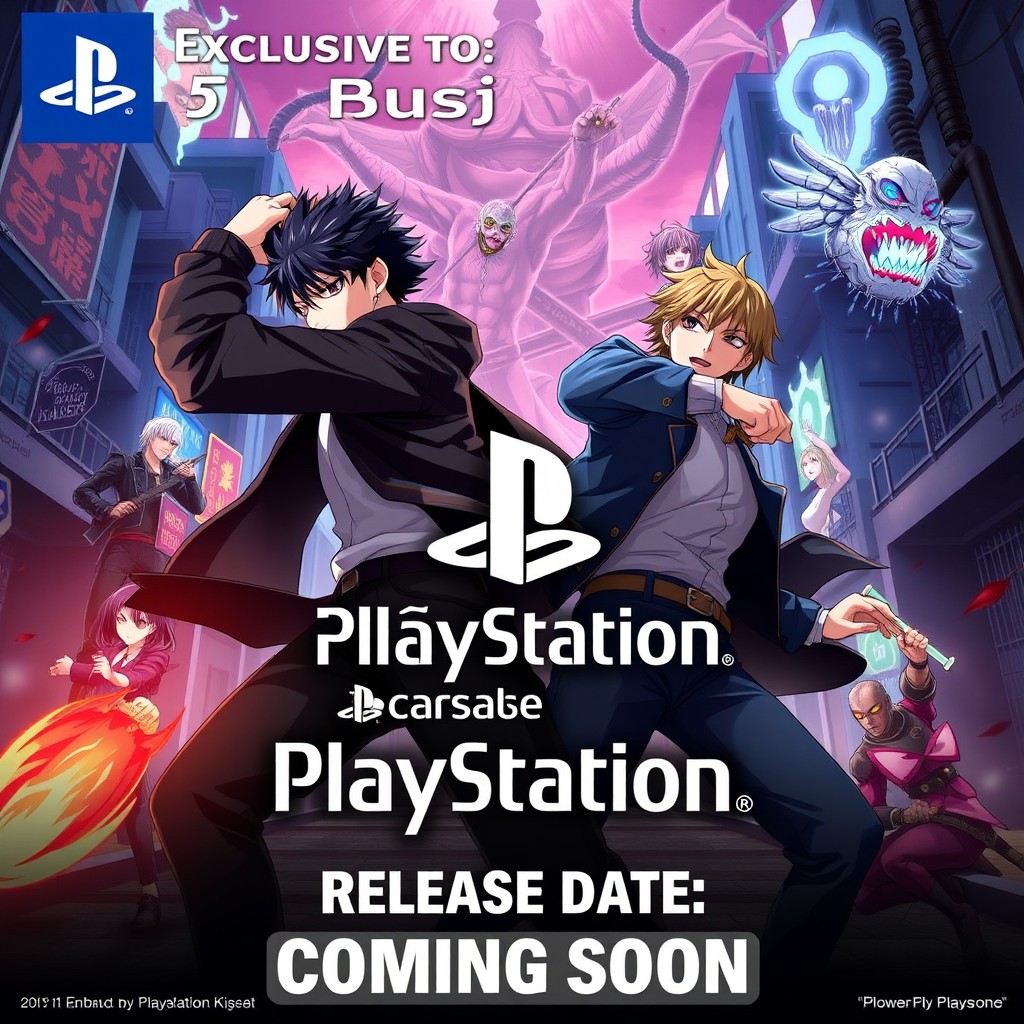 An exciting promotional image for a new video game based on the popular anime series Jujutsu Kaisen, showcasing iconic characters like Yuji Itadori and Satoru Gojo in dynamic action poses