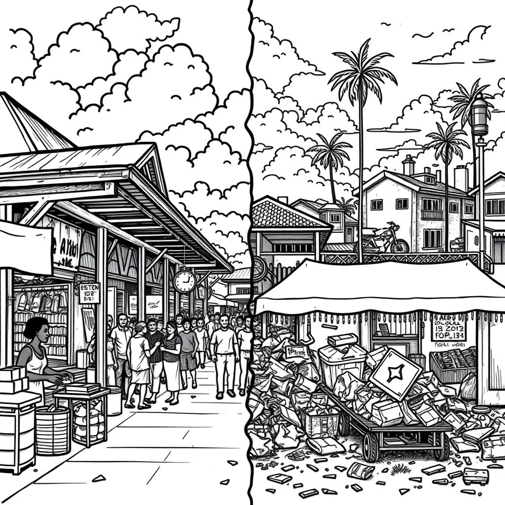A detailed black and white colouring book illustration of Stabroek Market in Guyana, showcasing the vibrant stalls and architecture on one side in a clean environment with lively vendors and shoppers