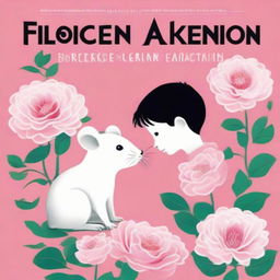 An engaging book cover, where a boy and a white mouse intimately connect on a stunning pink flower, all contrasted by a maze-like white background. The English title 'Flowers for Algernon' is emblazoned at the top.