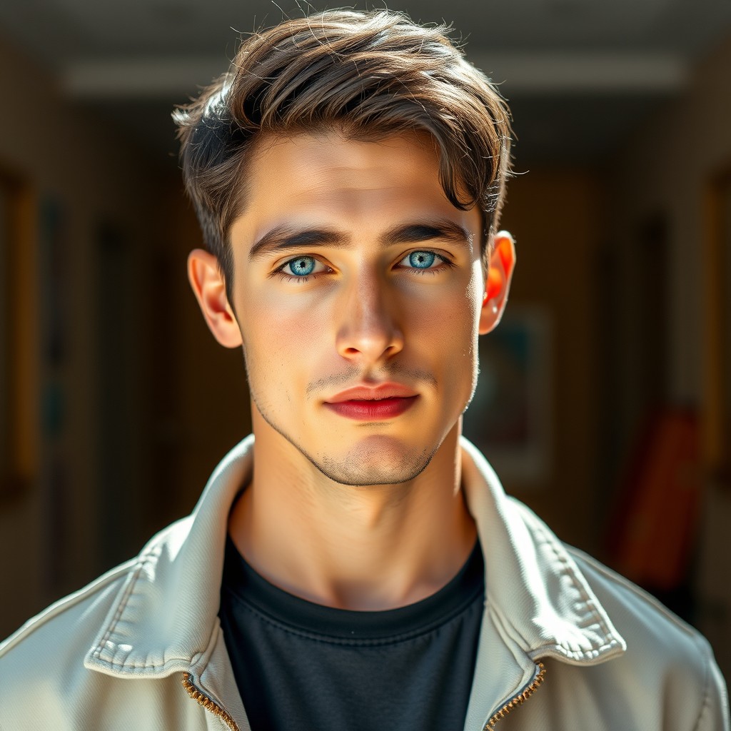A full body portrait of a man with short black hair and captivating rare blue eyes