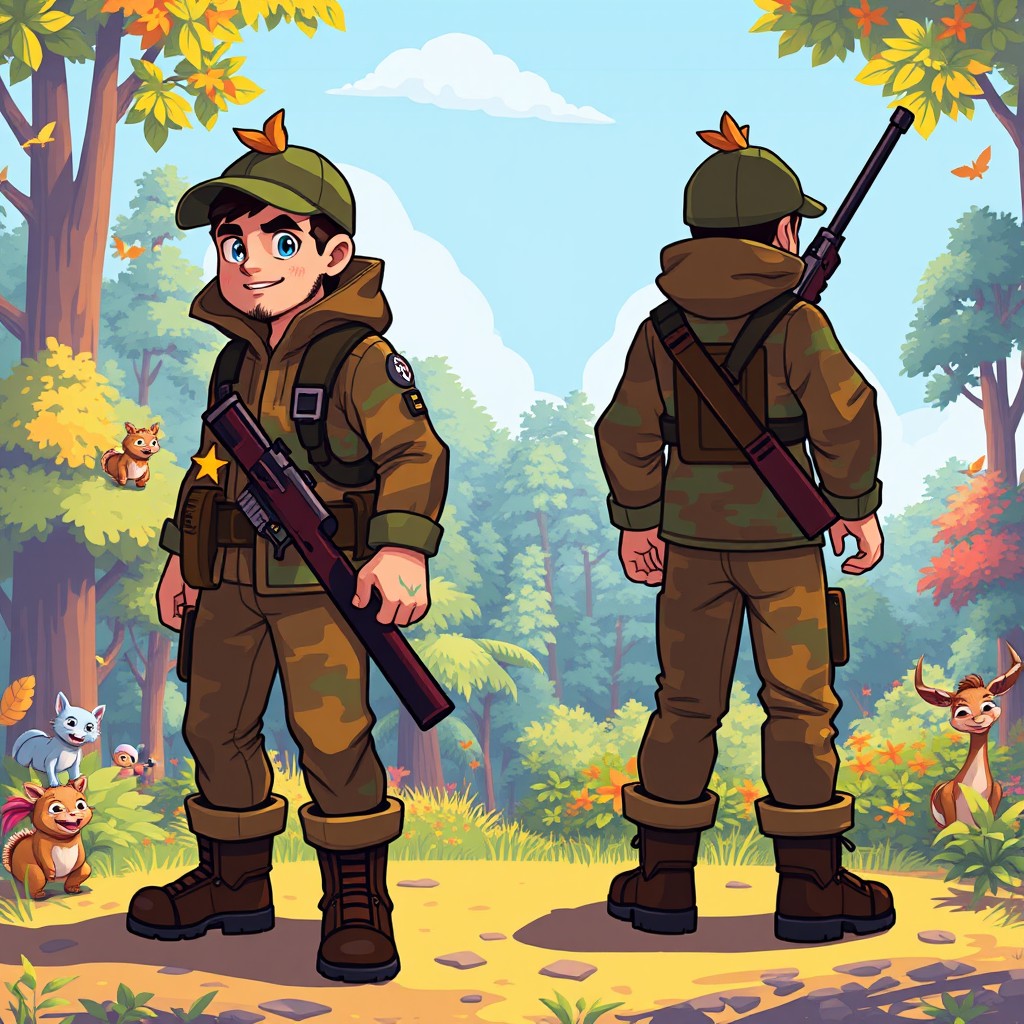 A pixelated hunter character depicted from various dynamic angles