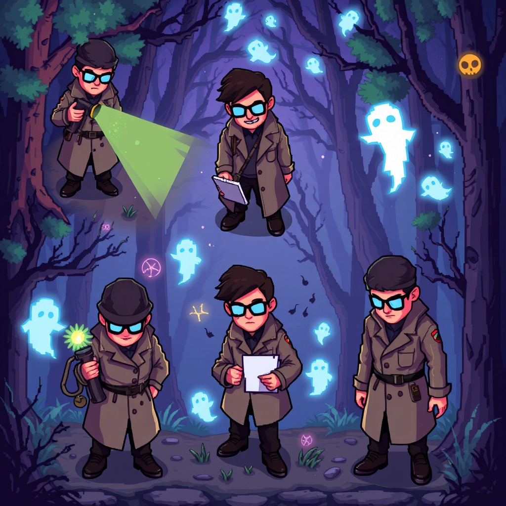 A 16-bit pixel art style of a paranormal investigator character named Pixel Hunter, depicted from multiple top-down angles