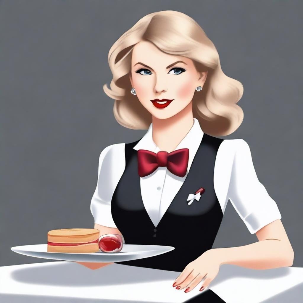 A high-quality illustration of Taylor Swift in the role of a waiter, featuring her signature blonde hair and red lipstick