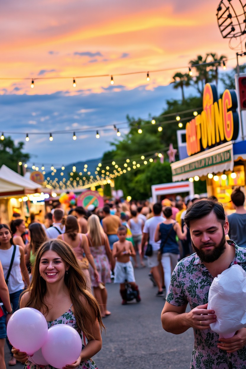 A vibrant street scene during a bustling summer festival at dusk, featuring a diverse crowd of people dressed in colorful festival attire