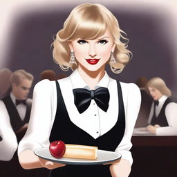 A high-quality illustration of Taylor Swift in the role of a waiter, featuring her signature blonde hair and red lipstick