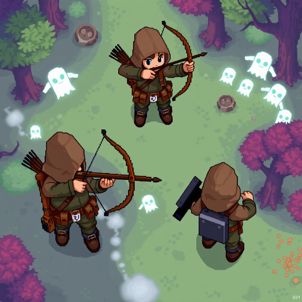 A collection of 16-bit pixel art style sprites showcasing a top-down view of a hunter character with a bow, designed for a paranormal theme