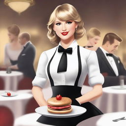 A high-quality illustration of Taylor Swift in the role of a waiter, featuring her signature blonde hair and red lipstick