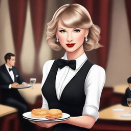 A high-quality illustration of Taylor Swift in the role of a waiter, featuring her signature blonde hair and red lipstick