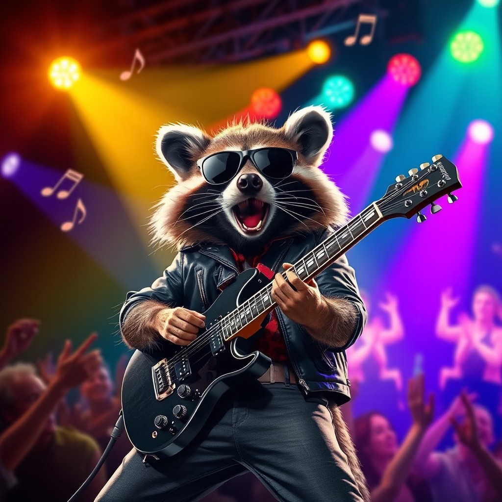 A raccoon playing an electric guitar passionately on a stage, illuminated by colorful stage lights