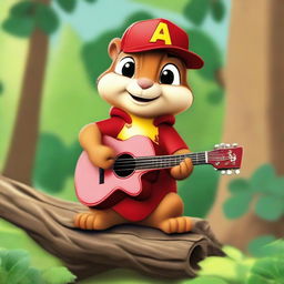 Dax, an Alvin the Chipmunk lookalike, in old school cartoon style, playing a tiny guitar while sitting on a tree branch in a valley. The character is clad in a red Hawaiian print shirt and a red baseball cap. Render in flat color with no outlines. Image aspect ratio 2:1.