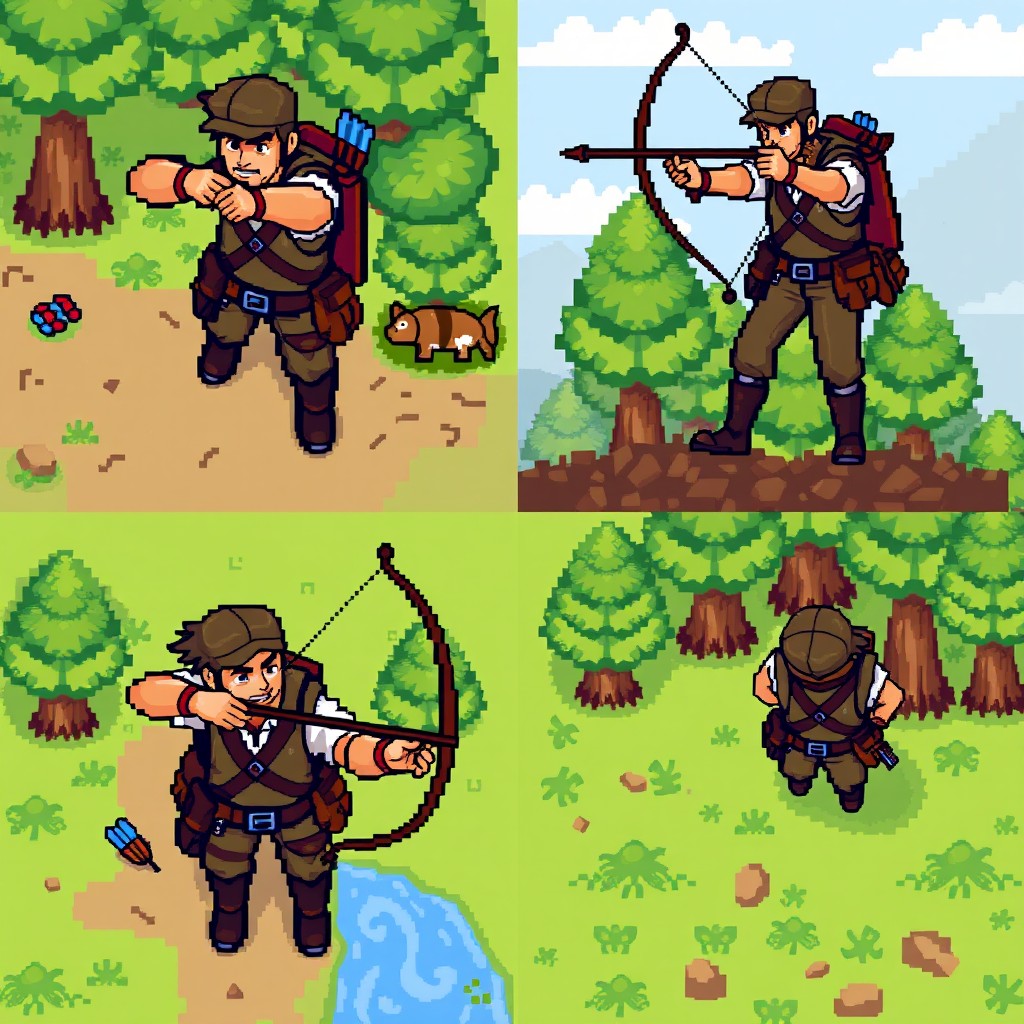 A collection of 16-bit pixel art sprites featuring a top-down view of a skilled hunter with a bow, showcased from various dynamic angles