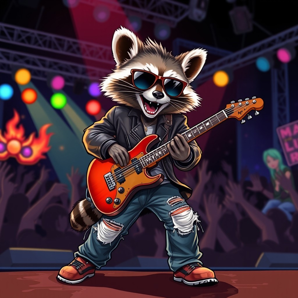 A full-body illustration of a raccoon energetically playing an electric guitar on stage