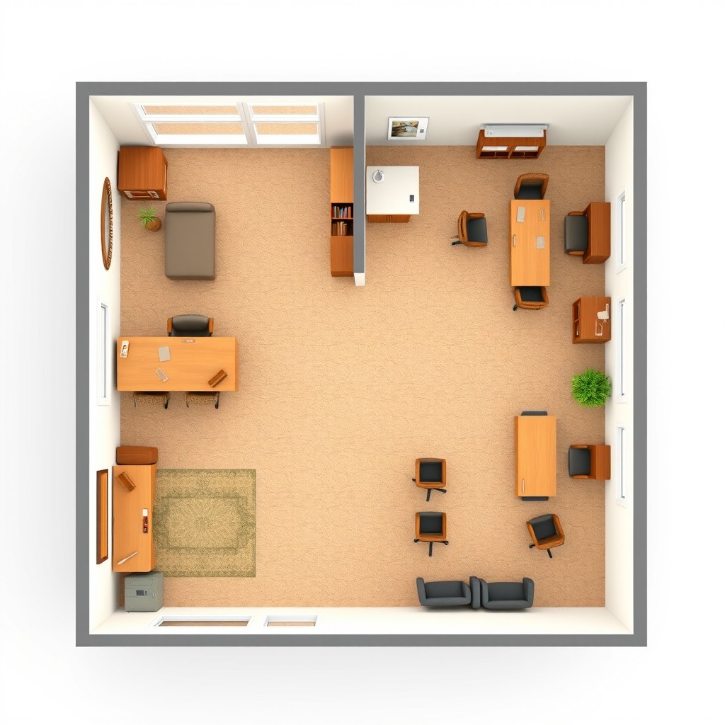 An interior layout design of a small church office measuring 15m x 20m