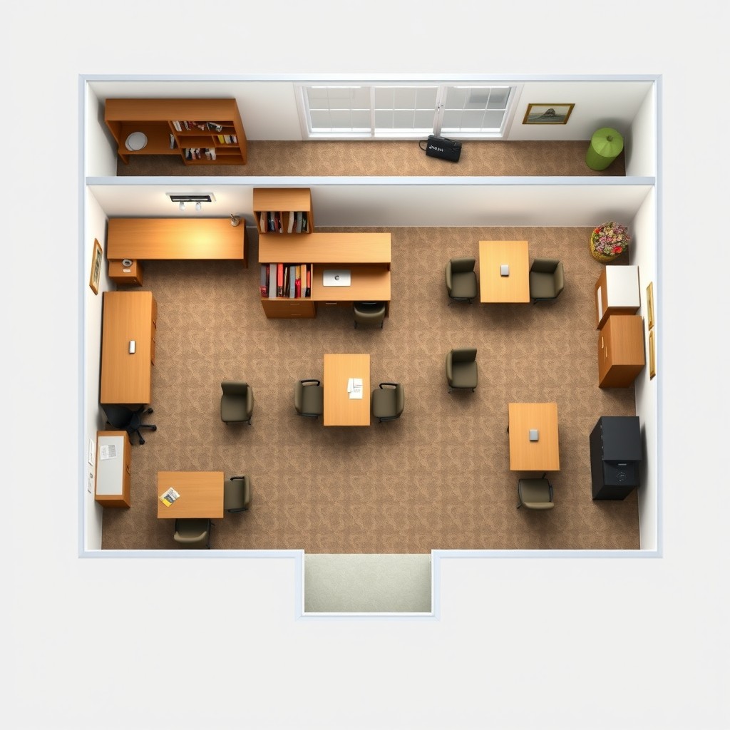 An interior layout design of a small church office, encompassing an area of 15m x 20m