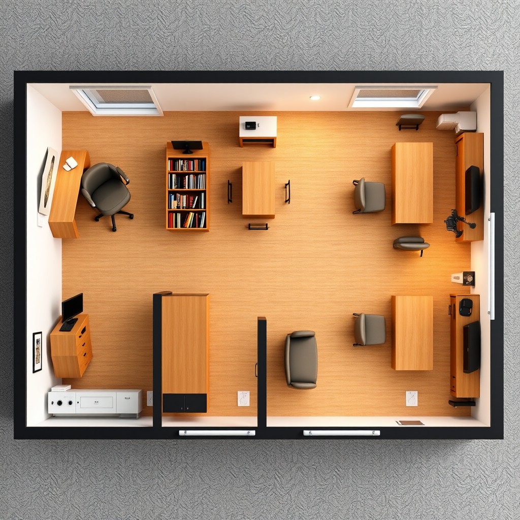 An enhanced interior layout design for a small church office, sized 15m x 20m, featuring distinct divisions for clarity and functionality