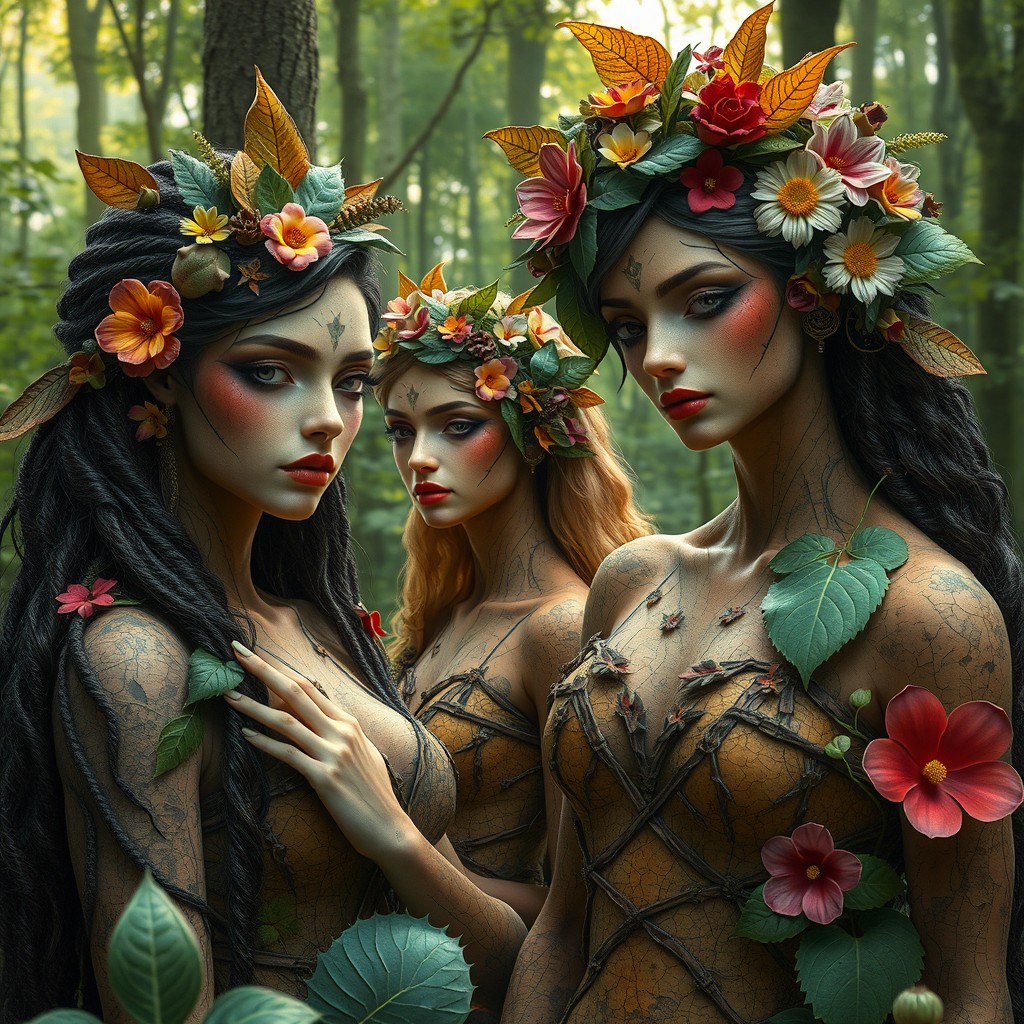 A surreal representation of women inspired by nature, with features like leaves and flowers incorporated into their hair, skin textured to resemble tree bark, and vibrant colors reflecting various plants