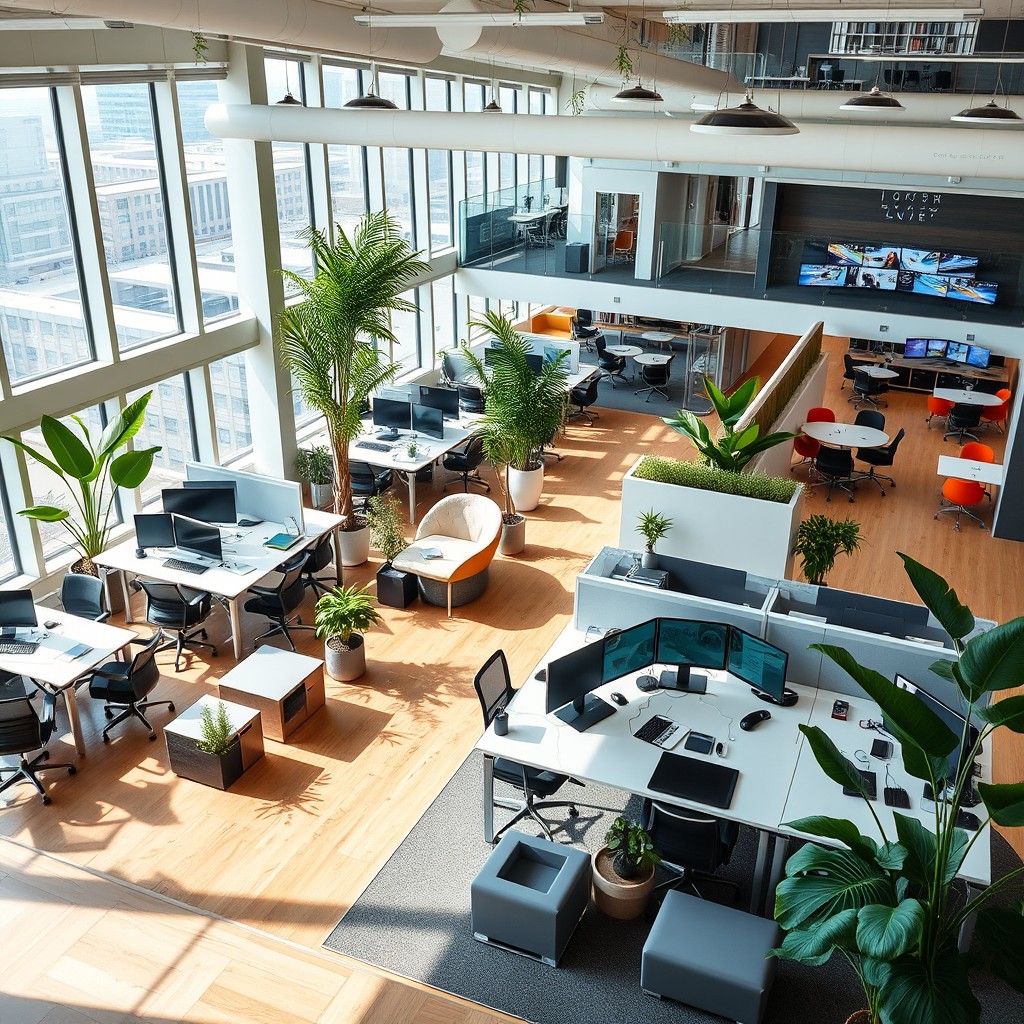 A modern office layout featuring an open space design with sleek furniture, collaborative workstations, and green plants for a refreshing atmosphere