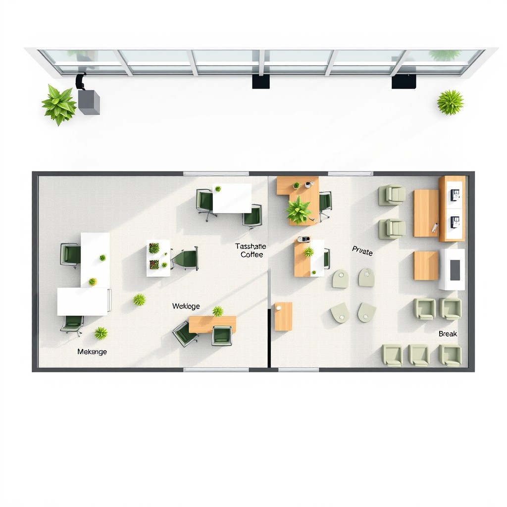 A detailed and modern office layout floor plan, featuring an open workspace with several desks arranged in a collaborative manner, complete with ergonomic chairs and greenery such as potted plants on desks
