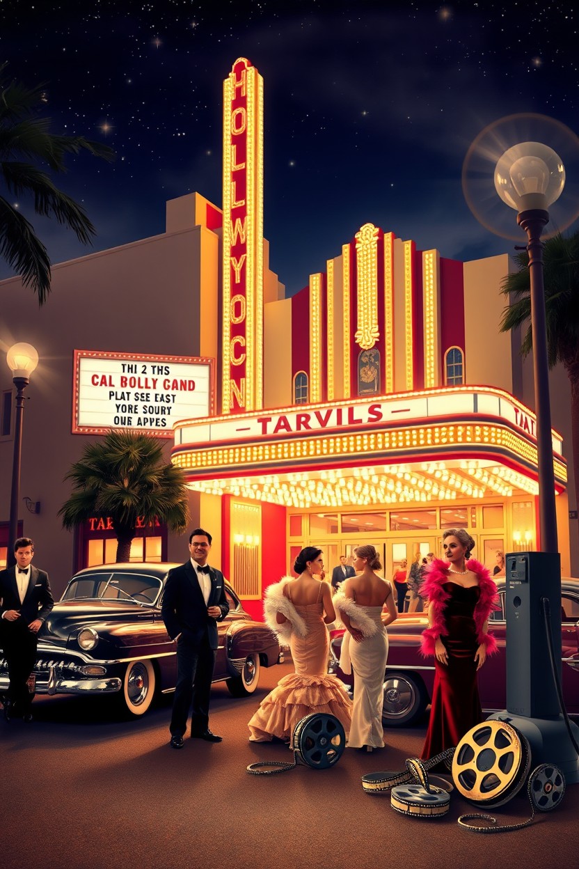 A glamorous scene inspired by Old Hollywood, showcasing a stunning art deco theater illuminated by marquee lights, with classic vintage cars parked outside